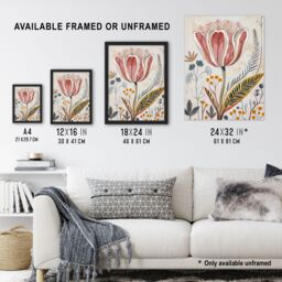 "Artery8 Tulip Flower Orange Grey Pink Folk Art Floral Wall Art Print in Beige - Size: W24"" x H32""" - thumbnail 3