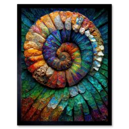 "Artery8 Wall Art Print Bright Multicoloured Ammonite Fossil Art Framed in Black - Size: W12"" x H16""" - thumbnail 1