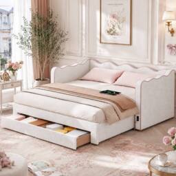 ModernLuxe Upholstered single daybed with pull out trundle & 2 drawers in Beige - thumbnail 2