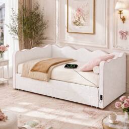ModernLuxe Upholstered single daybed with pull out trundle & 2 drawers in Beige - thumbnail 3
