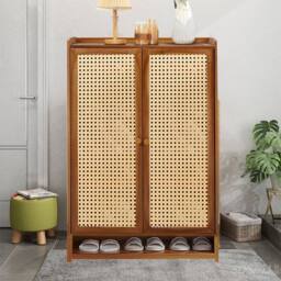 KORVIXA Shoe Cabinet Storage Cupboard Wooden Double Rattan Doors in Natural - thumbnail 5