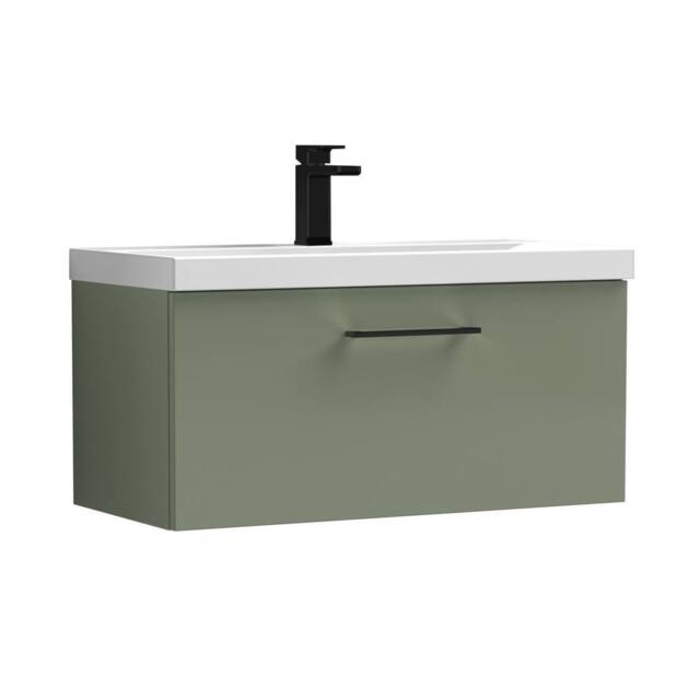 Balterley 800mm Wall Hung 1 Drawer Vanity Basin Unit, Satin Green, Black Handle in Green - image 1