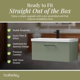 Balterley 800mm Wall Hung 1 Drawer Vanity Basin Unit, Satin Green, Black Handle in Green - thumbnail 4