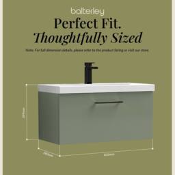 Balterley 800mm Wall Hung 1 Drawer Vanity Basin Unit, Satin Green, Black Handle in Green - thumbnail 5