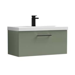 Balterley 800mm Wall Hung 1 Drawer Vanity Basin Unit, Satin Green, Black Handle in Green - thumbnail 1