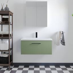 Balterley 800mm Wall Hung 1 Drawer Vanity Basin Unit, Satin Green, Black Handle in Green - thumbnail 2
