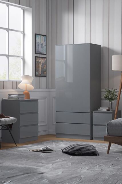 FWStyle Stora 2 Door 2 Drawer Wardrobe Grey Gloss (H) 180.5 (W) 80 (D) 50cm - image 1