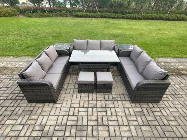 Fimous Patio Rattan Garden Furniture Set with Oblong Rectangular Dining Table 2 Small Footstools 2 Side Table 11 Seater Outdoor Lounge Sofa Set - image 1