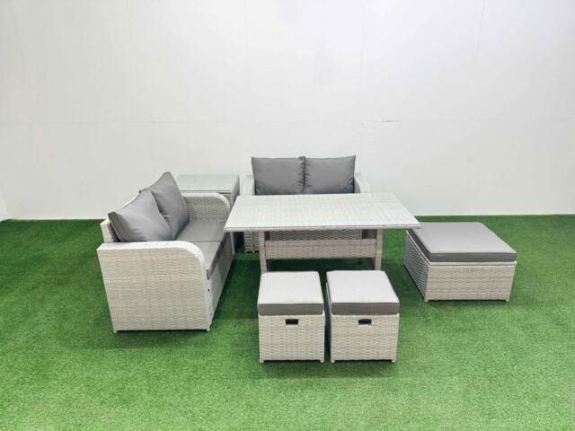 Fimous 7 Seater Outdoor Love Sofa Set Rattan Garden Furniture Set with Rectangular Dining Table 3 Footstool Side Table Light Grey - image 1