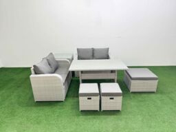 Fimous 7 Seater Outdoor Love Sofa Set Rattan Garden Furniture Set with Rectangular Dining Table 3 Footstool Side Table Light Grey - thumbnail 1