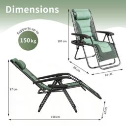 MCC Direct Set of 2 Zero Gravity Outdoor Garden Recliner sun loungers Padded Seat in Green - thumbnail 7