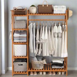 Modcraft Heavy-Duty Wooden Clothes Rail Corner Open Wardrobe in Brown - thumbnail 4