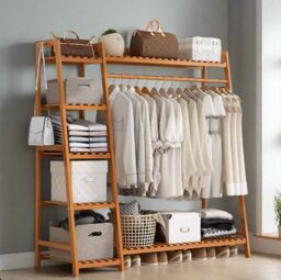 Modcraft Heavy-Duty Wooden Clothes Rail Corner Open Wardrobe in Brown - thumbnail 3