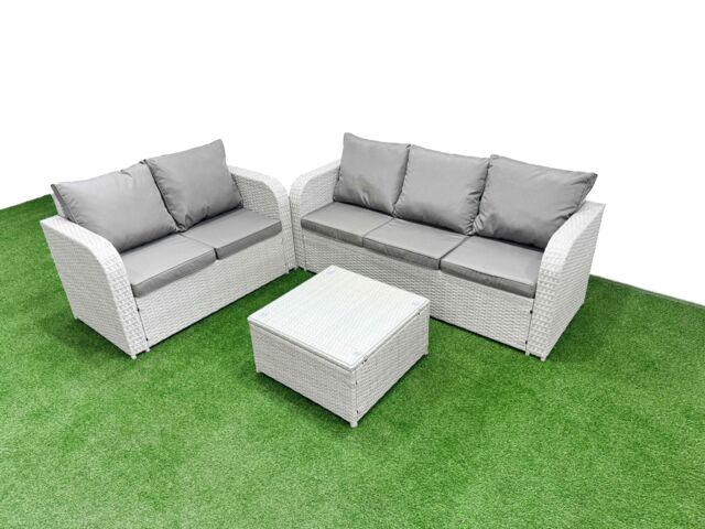 Fimous 5 Seater PE Rattan Wicker Garden Furniture Patio Conservatory Sofa Set with Square Coffee Table 3 Seater Sofa Love Sofa in Light Grey - image 1
