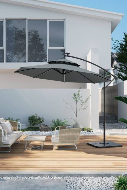 H&O Direct Double-Top Garden Umbrella Parasol with Solar Lights & HDPE Base in Dark Grey - image 1