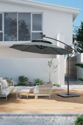 H&O Direct Double-Top Garden Umbrella Parasol with Solar Lights & HDPE Base in Dark Grey - thumbnail 1
