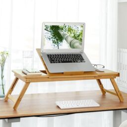 SONGMICS Bamboo Foldable Laptop Desk Height Adjustable with Drawer Angles in Natural - thumbnail 1