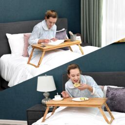 SONGMICS Bamboo Foldable Laptop Desk Height Adjustable with Drawer Angles in Natural - thumbnail 4