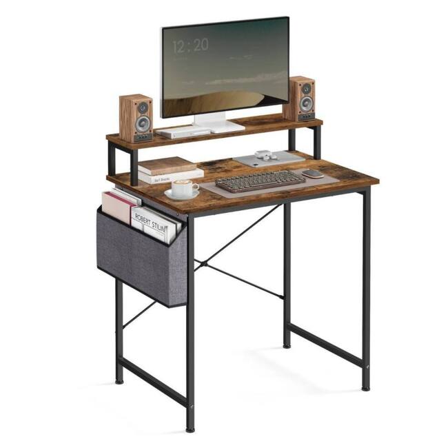 KORVIXA Computer Desk with Monitor Riser, Fabric Pouch in Brown - Size: 100 cm x 100 cm - image 1