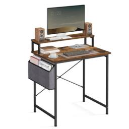 KORVIXA Computer Desk with Monitor Riser, Fabric Pouch in Brown - Size: 100 cm x 100 cm