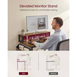 KORVIXA Computer Desk with Monitor Riser, Fabric Pouch in Brown - Size: 100 cm x 100 cm - thumbnail 4