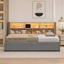 ModernLuxe Daybed with pull out guest bed, LED storage headboard & 2 drawers in Grey - Size: Single - thumbnail 4