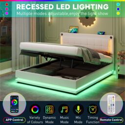 Matteo King Size Velvet Ottoman Bed Frame, RGB LED, Hydraulic Storage, USB & Type-C Charge, Adj. Tufted Headboard - Beige - thumbnail 6