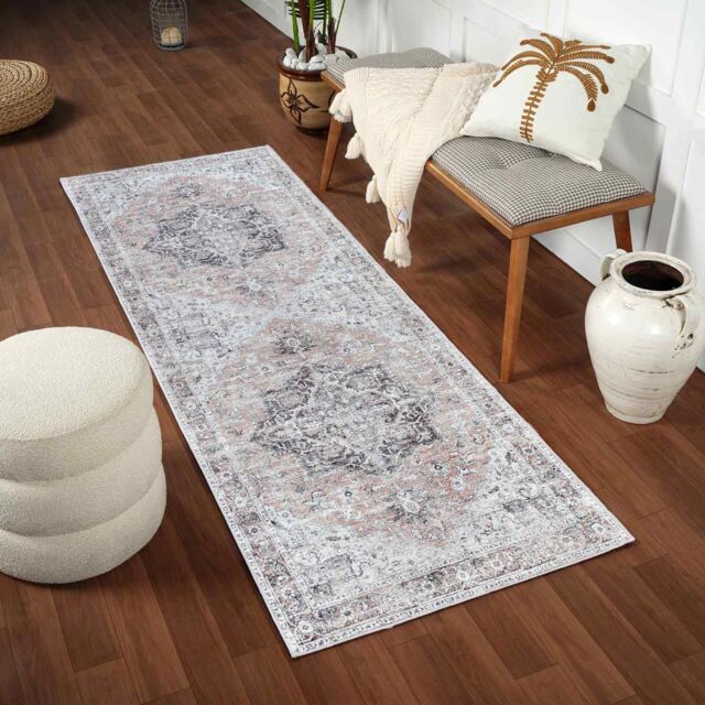 Livabliss Tahmis Wahshable Beige Charcoal Grey Traditional Vintage Boho Living Dining Rug - Size: 80 cm x 240 cm - image 1