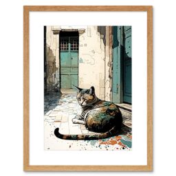 "Artery8 Wall Art Print Street Cat Sunbathing on Cobblestone Street Modern Artwork Framed 9X7 Inch in Beige - Size: W7"" x H9""" - thumbnail 1
