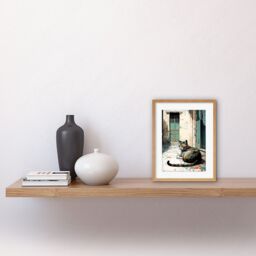 "Artery8 Wall Art Print Street Cat Sunbathing on Cobblestone Street Modern Artwork Framed 9X7 Inch in Beige - Size: W7"" x H9""" - thumbnail 2