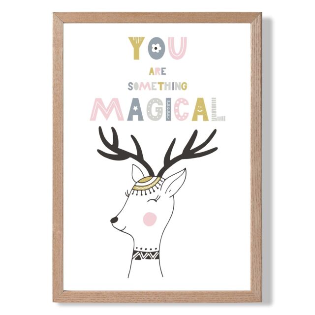 ARTZE Cute You are Magical Deer Scandi Quote Framed Print SIZE: A4 with Oak Frame in Pink - image 1