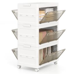 Costway 3-Tier Stackable Storage Bins Bedroom Collapsible Storage Boxes-White in White