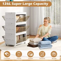 Costway 3-Tier Stackable Storage Bins Bedroom Collapsible Storage Boxes-White in White - thumbnail 4