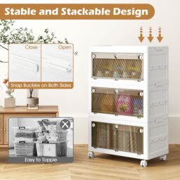 Costway 3-Tier Stackable Storage Bins Bedroom Collapsible Storage Boxes-White in White - thumbnail 6