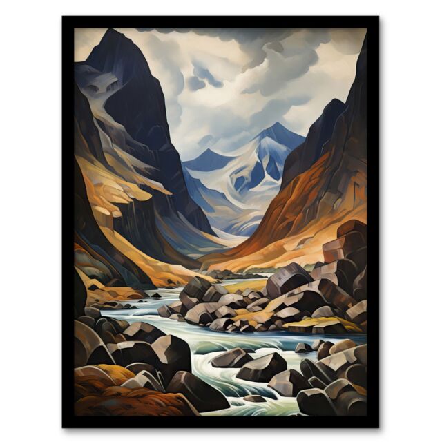 Artery8 Wall Art Print Cairngorms National Park Oil Painting Dramatic Scottish Highlands Mountains Art Framed in Black - Size: A4 - image 1