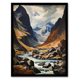 Artery8 Wall Art Print Cairngorms National Park Oil Painting Dramatic Scottish Highlands Mountains Art Framed in Black - Size: A4 - thumbnail 1