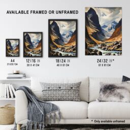 Artery8 Wall Art Print Cairngorms National Park Oil Painting Dramatic Scottish Highlands Mountains Art Framed in Black - Size: A4 - thumbnail 3