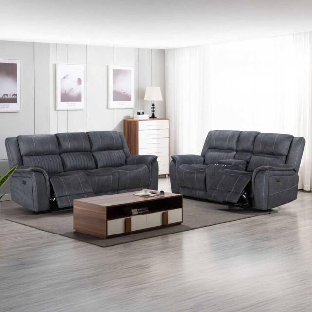 Furnishings For Less UK Cassandra 3 + 2 Electric Recliner Sofa Set Grey Fabric USB - image 1