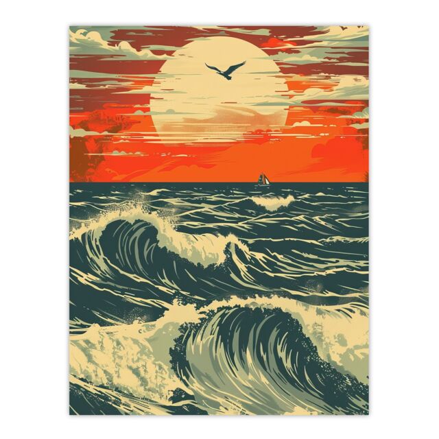 "Artery8 Ocean Waves at Sunset Painting Seascape Bird Wall Art Print in Orange - Size: W24"" x H32""" - image 1