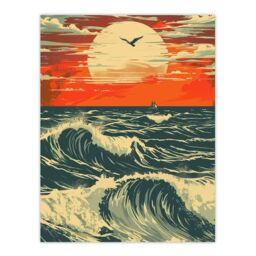 "Artery8 Ocean Waves at Sunset Painting Seascape Bird Wall Art Print in Orange - Size: W24"" x H32""" - thumbnail 1