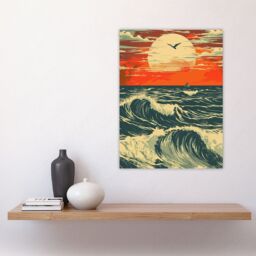 "Artery8 Ocean Waves at Sunset Painting Seascape Bird Wall Art Print in Orange - Size: W24"" x H32""" - thumbnail 4