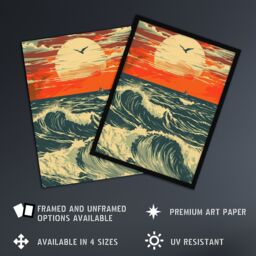 "Artery8 Ocean Waves at Sunset Painting Seascape Bird Wall Art Print in Orange - Size: W24"" x H32""" - thumbnail 2