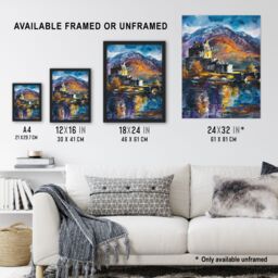 "Artery8 Eilean Donan Castle Oil Painting Skye Scotland Wall Art Print in Blue - Size: W24"" x H32""" - thumbnail 3