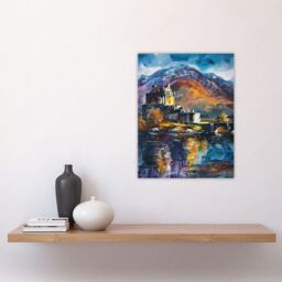 "Artery8 Eilean Donan Castle Oil Painting Skye Scotland Wall Art Print in Blue - Size: W24"" x H32""" - thumbnail 4