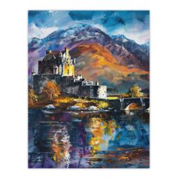 "Artery8 Eilean Donan Castle Oil Painting Skye Scotland Wall Art Print in Blue - Size: W24"" x H32""" - thumbnail 1