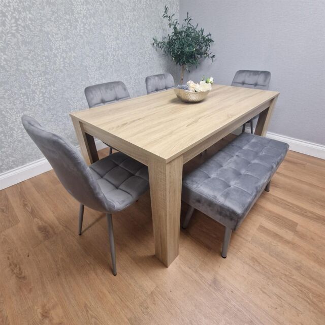 KOSY KOALA Oak Effect Dining Table Set With 4 Grey Velvet Chairs & Grey Velvet Bench Dining Room Furniture in Brown - image 1