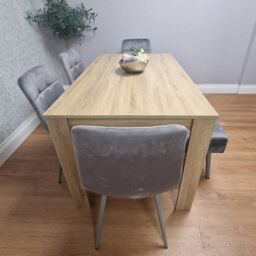 KOSY KOALA Oak Effect Dining Table Set With 4 Grey Velvet Chairs & Grey Velvet Bench Dining Room Furniture in Brown - thumbnail 3