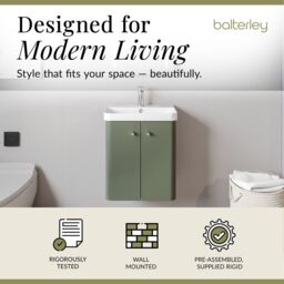 Balterley Modern Bathroom Wall Hung 2 Door Vanity Unit Basin, Satin Green, 505mm in Green - thumbnail 3