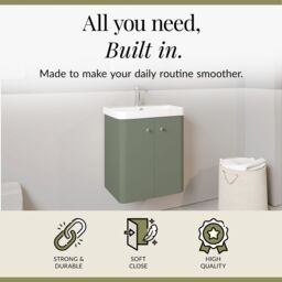 Balterley Modern Bathroom Wall Hung 2 Door Vanity Unit Basin, Satin Green, 505mm in Green - thumbnail 2