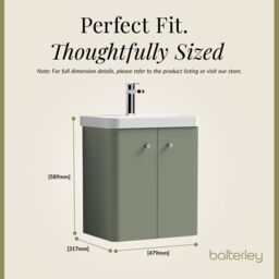 Balterley Modern Bathroom Wall Hung 2 Door Vanity Unit Basin, Satin Green, 505mm in Green - thumbnail 5